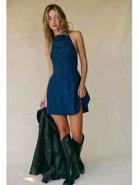 Free People Callie Chic Mini Dress Sleeveless Halter Tie Back Navy S